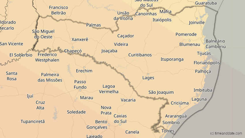 A map of Santa Catarina, Brasilien, showing the path of the 14. Okt 2088 Ringförmige Sonnenfinsternis