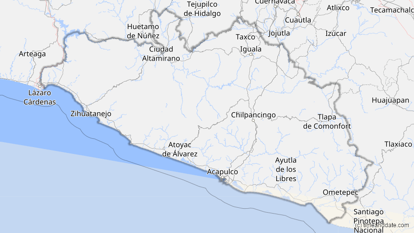 A map of Guerrero, Mexiko, showing the path of the 14. Okt 2088 Ringförmige Sonnenfinsternis