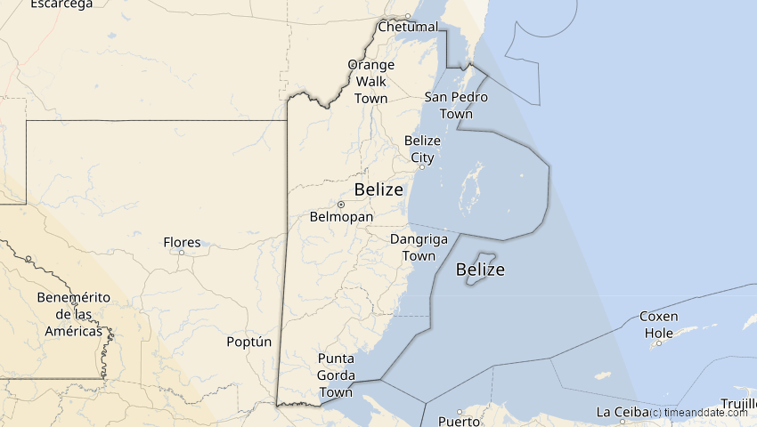 A map of Belize, showing the path of the 10. Apr 2089 Ringförmige Sonnenfinsternis