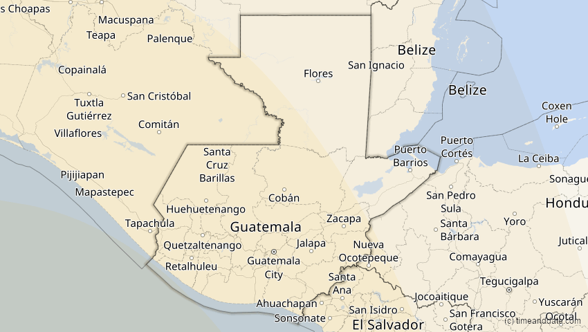 A map of Guatemala, showing the path of the 10. Apr 2089 Ringförmige Sonnenfinsternis