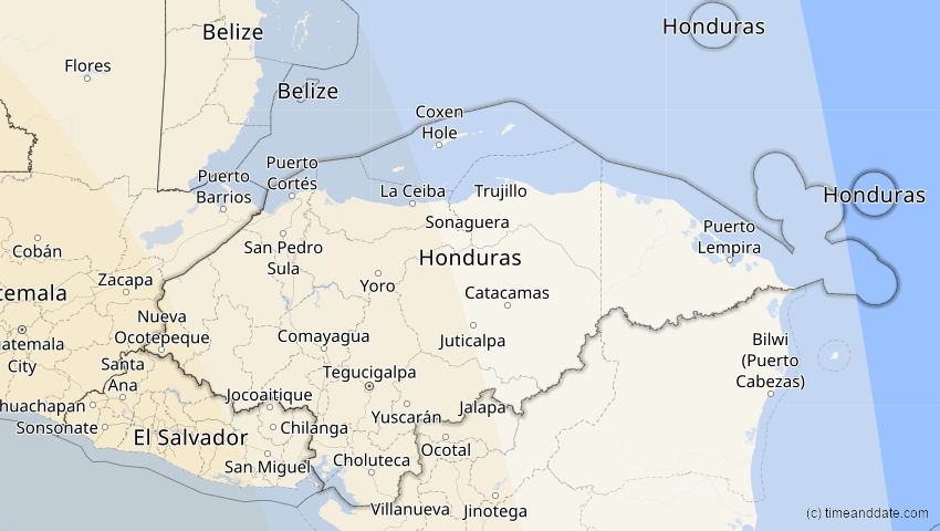 A map of Honduras, showing the path of the 10. Apr 2089 Ringförmige Sonnenfinsternis
