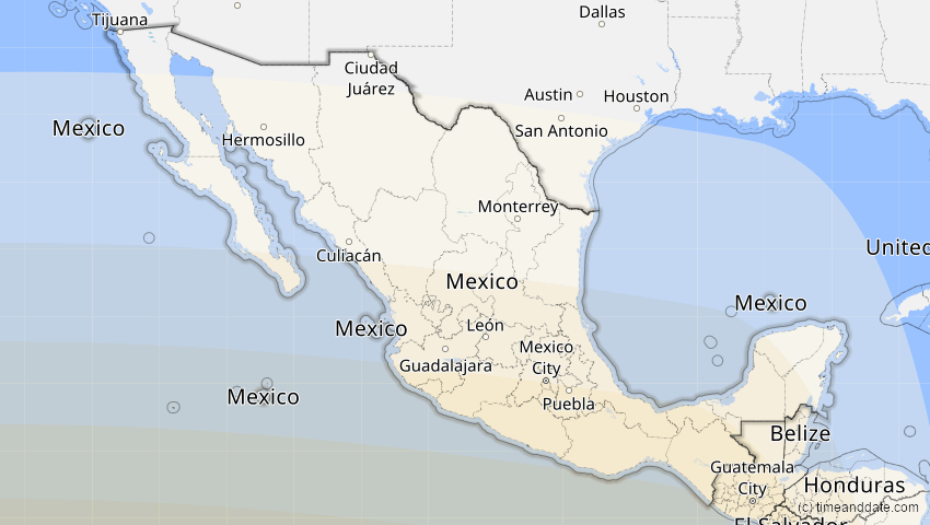 A map of Mexiko, showing the path of the 10. Apr 2089 Ringförmige Sonnenfinsternis