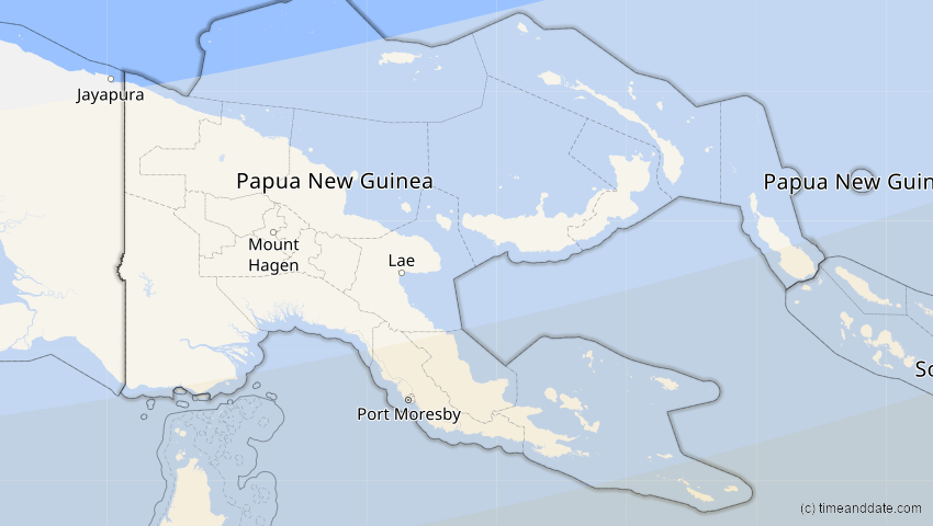 A map of Papua-Neuguinea, showing the path of the 11. Apr 2089 Ringförmige Sonnenfinsternis