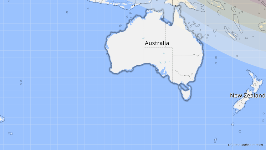 A map of Australien, showing the path of the 4. Okt 2089 Totale Sonnenfinsternis