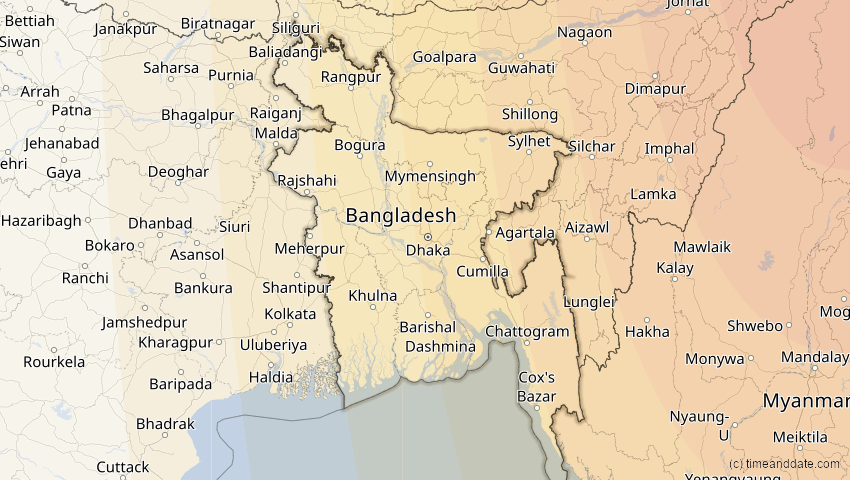 A map of Bangladesch, showing the path of the 4. Okt 2089 Totale Sonnenfinsternis