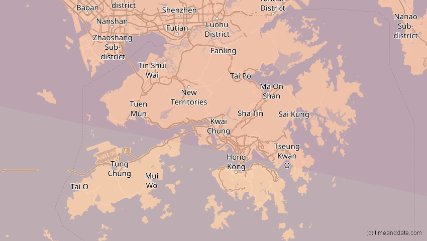 A map of Hongkong, showing the path of the 4. Okt 2089 Totale Sonnenfinsternis
