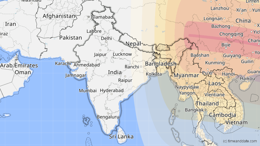 A map of Indien, showing the path of the 4. Okt 2089 Totale Sonnenfinsternis