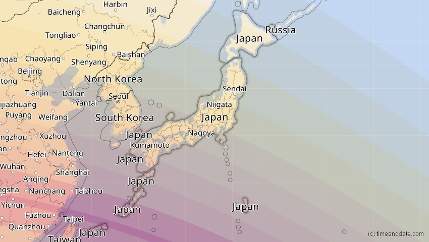 A map of Japan, showing the path of the 4. Okt 2089 Totale Sonnenfinsternis