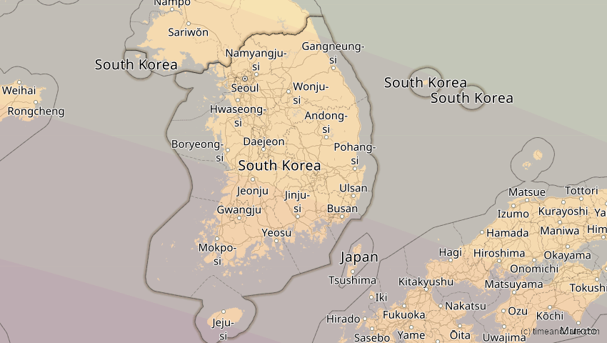 A map of Südkorea, showing the path of the 4. Okt 2089 Totale Sonnenfinsternis