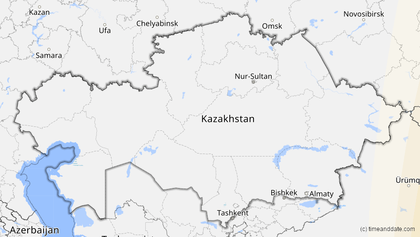 A map of Kasachstan, showing the path of the 4. Okt 2089 Totale Sonnenfinsternis