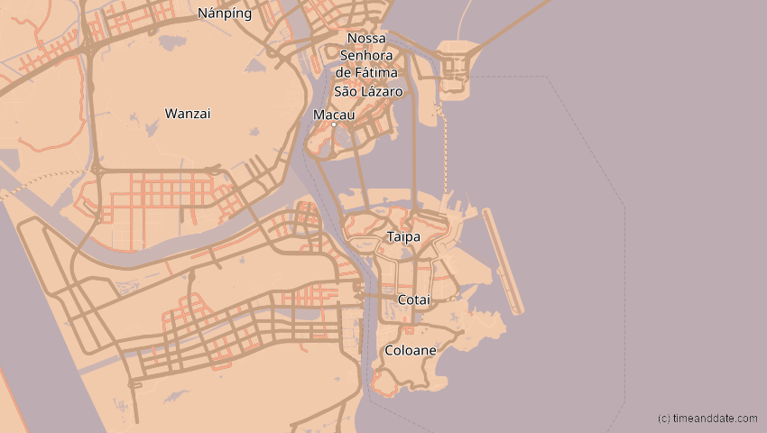 A map of Macao, showing the path of the 4. Okt 2089 Totale Sonnenfinsternis