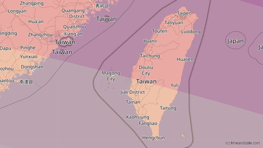 A map of Taiwan, showing the path of the 4. Okt 2089 Totale Sonnenfinsternis