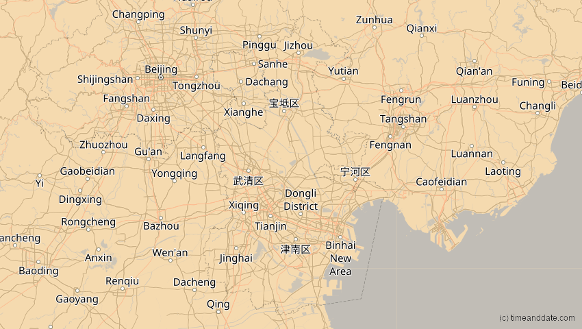 A map of Tianjín, China, showing the path of the 4. Okt 2089 Totale Sonnenfinsternis