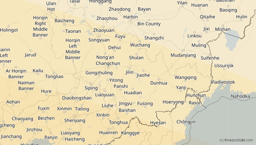 A map of Jilin, China, showing the path of the 4. Okt 2089 Totale Sonnenfinsternis