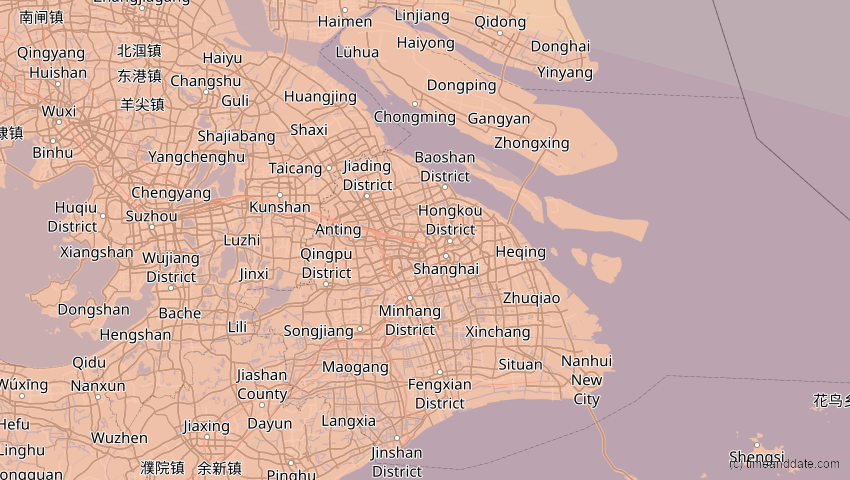 A map of Shanghai, China, showing the path of the 4. Okt 2089 Totale Sonnenfinsternis
