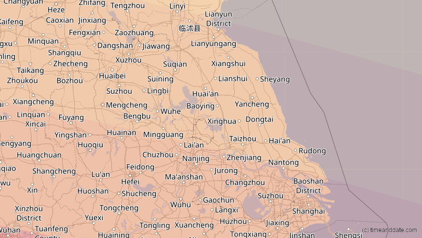 A map of Jiangsu, China, showing the path of the 4. Okt 2089 Totale Sonnenfinsternis