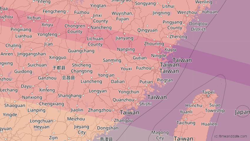 A map of Fujian, China, showing the path of the 4. Okt 2089 Totale Sonnenfinsternis