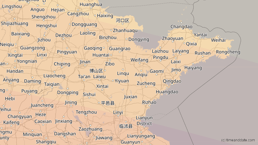 A map of Shandong, China, showing the path of the 4. Okt 2089 Totale Sonnenfinsternis