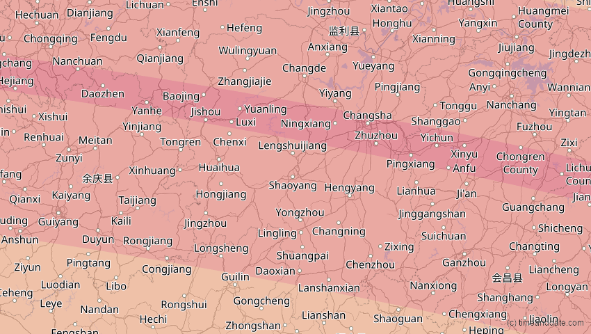 A map of Hunan, China, showing the path of the 4. Okt 2089 Totale Sonnenfinsternis