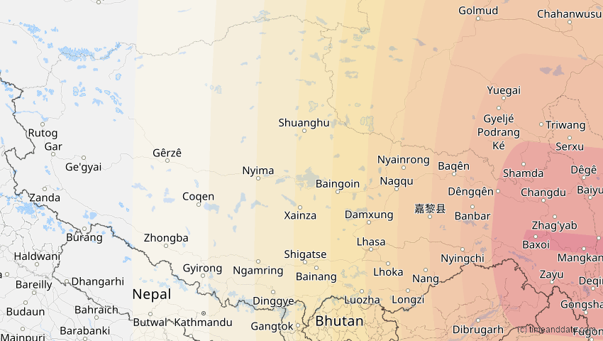 A map of Tibet, China, showing the path of the 4. Okt 2089 Totale Sonnenfinsternis