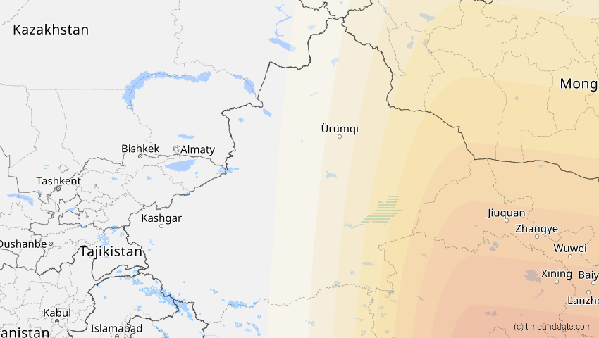 A map of Xinjiang, China, showing the path of the 4. Okt 2089 Totale Sonnenfinsternis