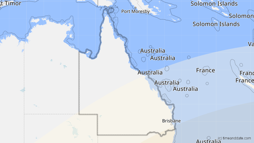 A map of Queensland, Australien, showing the path of the 31. Mär 2090 Partielle Sonnenfinsternis