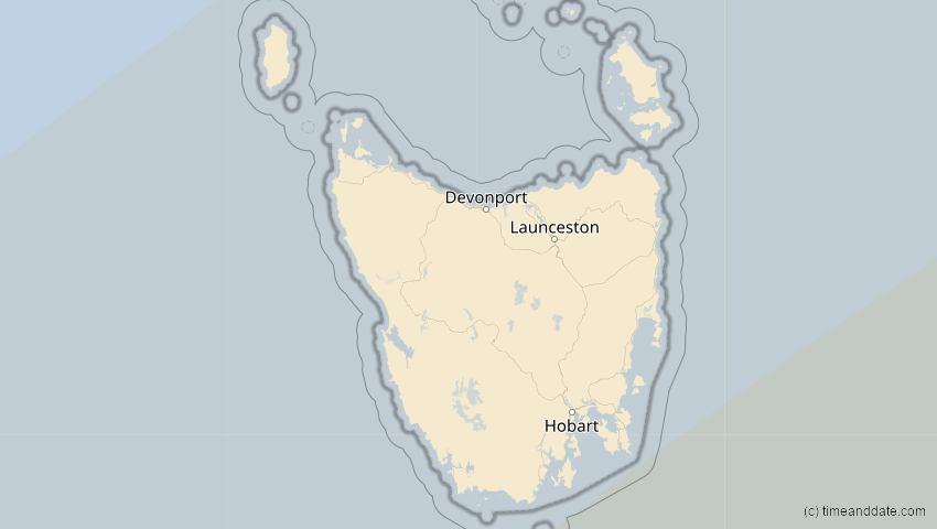A map of Tasmanien, Australien, showing the path of the 31. Mär 2090 Partielle Sonnenfinsternis