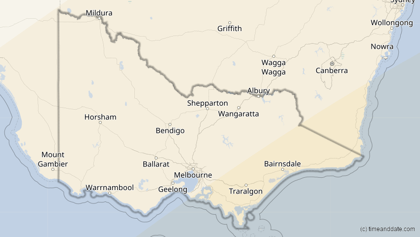 A map of Victoria, Australien, showing the path of the 31. Mär 2090 Partielle Sonnenfinsternis