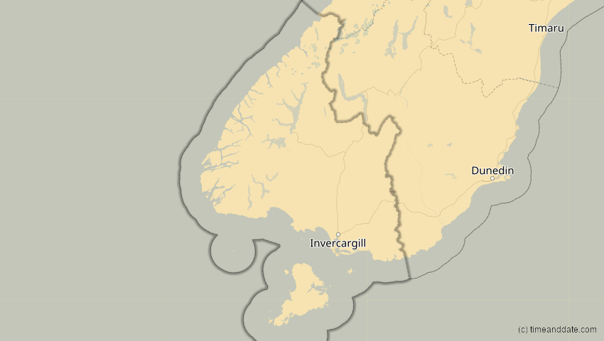 A map of Southland, Neuseeland, showing the path of the 31. Mär 2090 Partielle Sonnenfinsternis