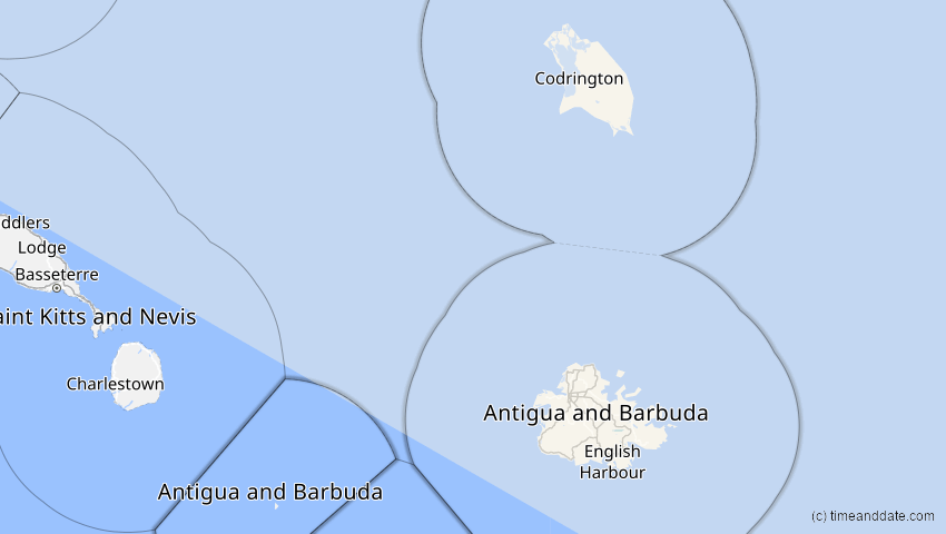 A map of Antigua und Barbuda, showing the path of the 23. Sep 2090 Totale Sonnenfinsternis