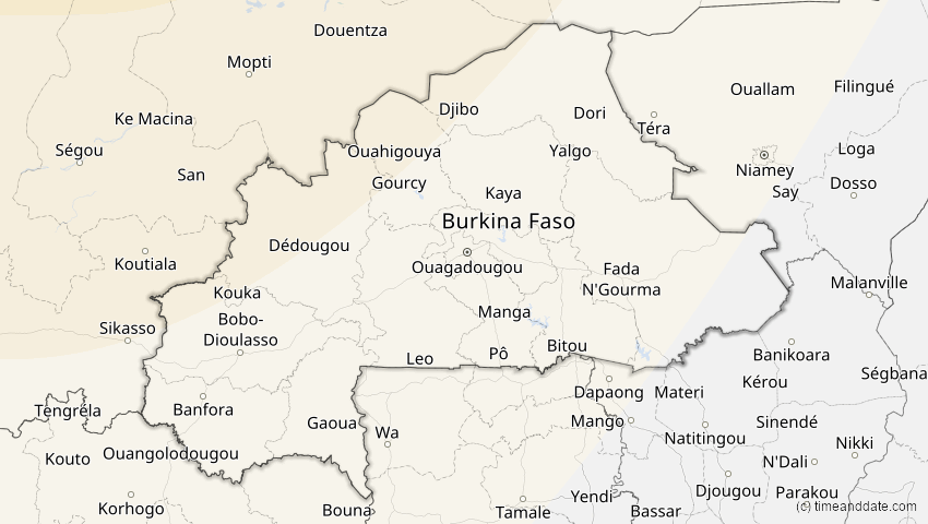 A map of Burkina Faso, showing the path of the 23. Sep 2090 Totale Sonnenfinsternis