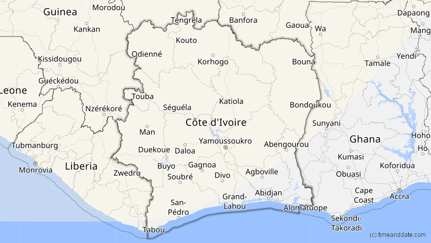 A map of Elfenbeinküste (Côte d'Ivoire), showing the path of the 23. Sep 2090 Totale Sonnenfinsternis