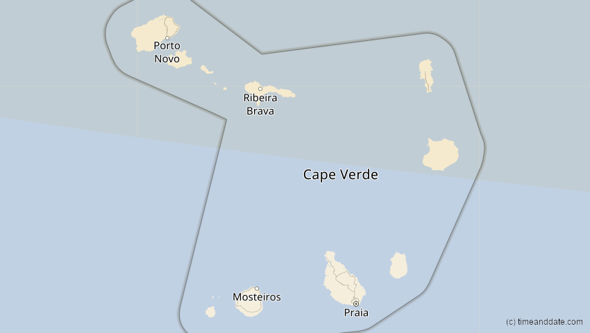 A map of Cabo Verde, showing the path of the 23. Sep 2090 Totale Sonnenfinsternis