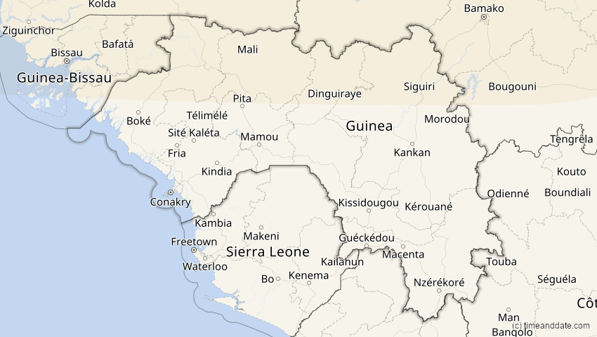 A map of Guinea, showing the path of the 23. Sep 2090 Totale Sonnenfinsternis