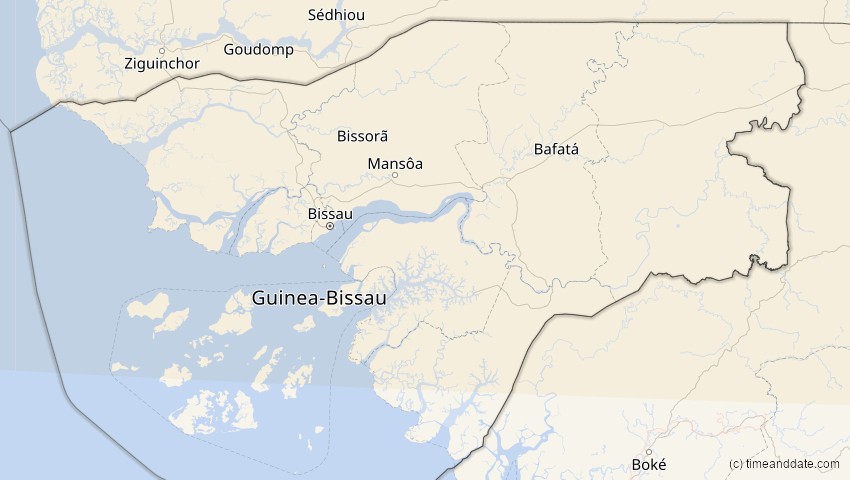 A map of Guinea-Bissau, showing the path of the 23. Sep 2090 Totale Sonnenfinsternis