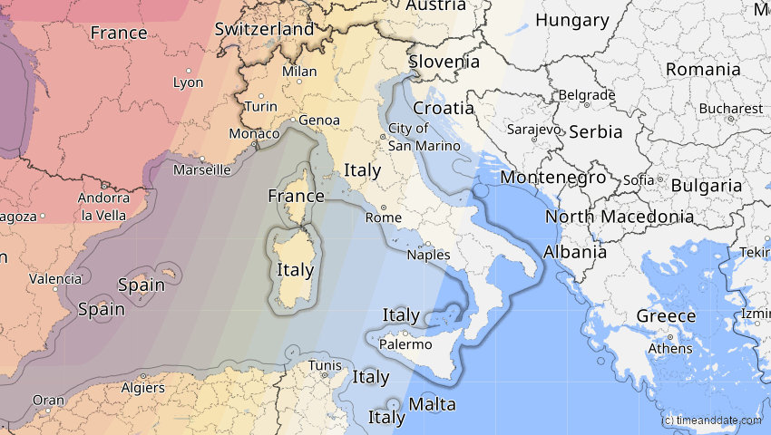 A map of Italien, showing the path of the 23. Sep 2090 Totale Sonnenfinsternis