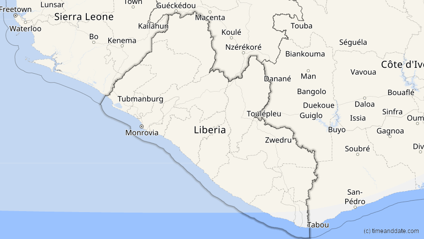 A map of Liberia, showing the path of the 23. Sep 2090 Totale Sonnenfinsternis