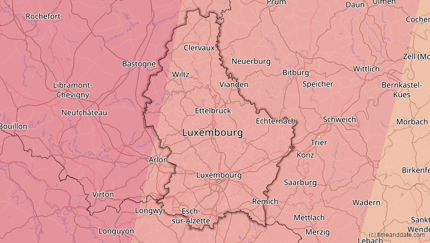 A map of Luxemburg, showing the path of the 23. Sep 2090 Totale Sonnenfinsternis
