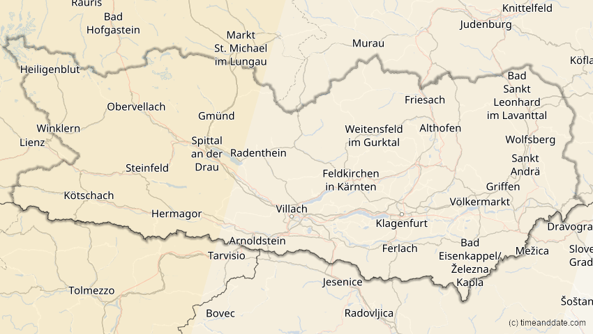 A map of Kärnten, Österreich, showing the path of the 23. Sep 2090 Totale Sonnenfinsternis