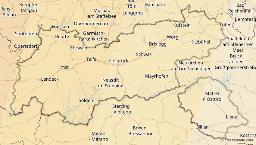 A map of Tirol, Österreich, showing the path of the 23. Sep 2090 Totale Sonnenfinsternis
