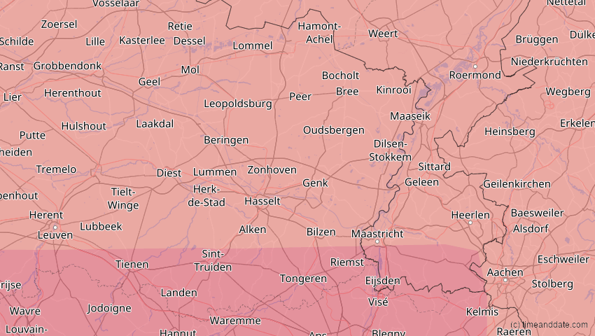 A map of Limburg, Belgien, showing the path of the 23. Sep 2090 Totale Sonnenfinsternis