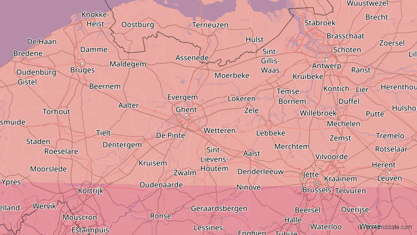 A map of Ostflandern, Belgien, showing the path of the 23. Sep 2090 Totale Sonnenfinsternis