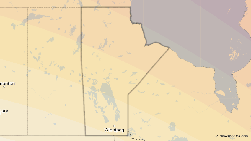 A map of Manitoba, Kanada, showing the path of the 23. Sep 2090 Totale Sonnenfinsternis