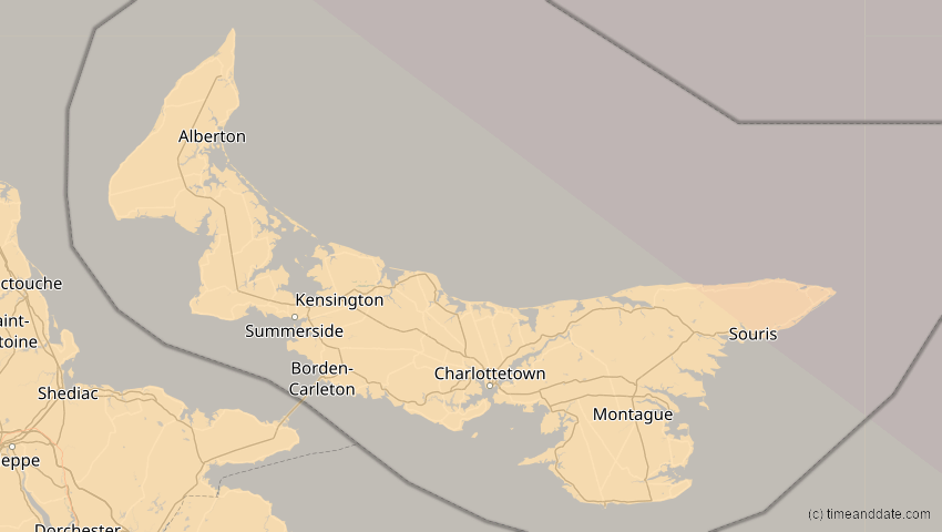A map of Prince Edward Island, Kanada, showing the path of the 23. Sep 2090 Totale Sonnenfinsternis