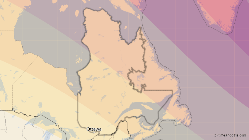 A map of Québec, Kanada, showing the path of the 23. Sep 2090 Totale Sonnenfinsternis