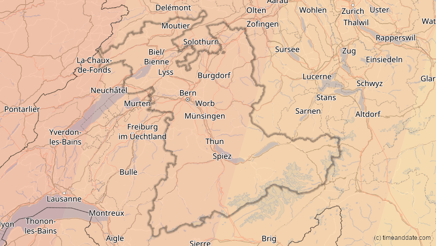 A map of Bern, Schweiz, showing the path of the 23. Sep 2090 Totale Sonnenfinsternis