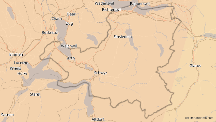 A map of Schwyz, Schweiz, showing the path of the 23. Sep 2090 Totale Sonnenfinsternis