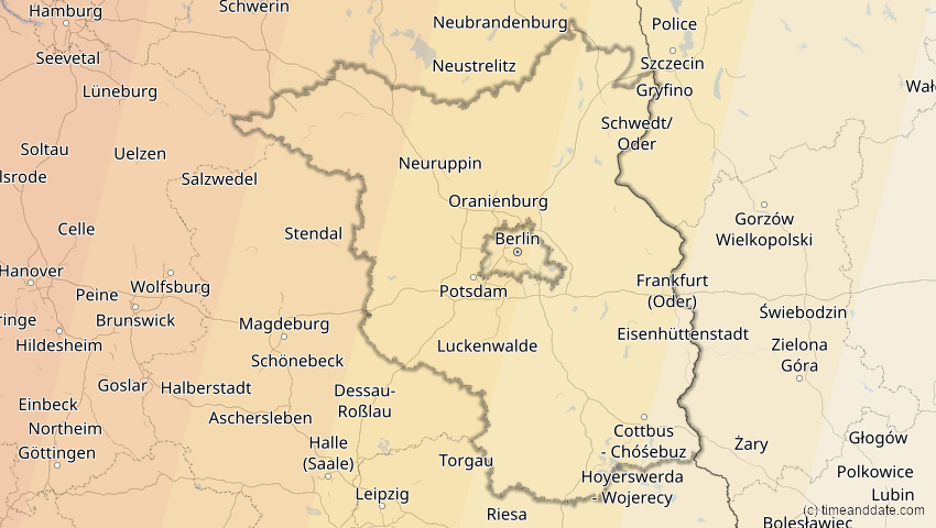 A map of Brandenburg, Deutschland, showing the path of the 23. Sep 2090 Totale Sonnenfinsternis