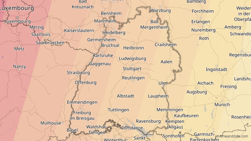 A map of Baden-Württemberg, Deutschland, showing the path of the 23. Sep 2090 Totale Sonnenfinsternis