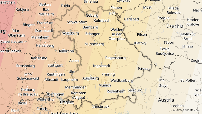 A map of Bayern, Deutschland, showing the path of the 23. Sep 2090 Totale Sonnenfinsternis